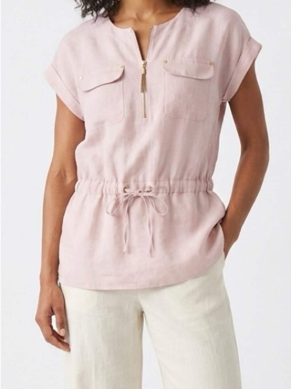 Ellen Tracy 100% Linen Utility Tunic Top Size S Pale Pink Drawstring Coastal